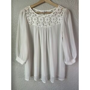Charming Charlie Women's White Lace Sheer Blouse Top 3/4 Sleeve M